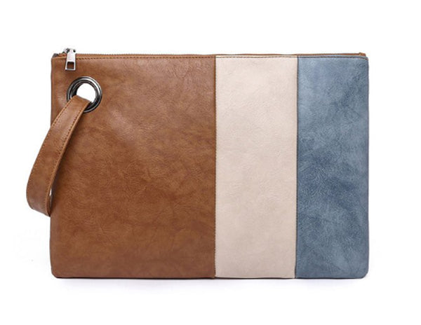 Brown Cream & Blue Soft Clutch Bag