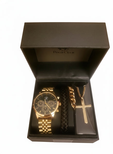 Gold Men Watch with cross Necklace
