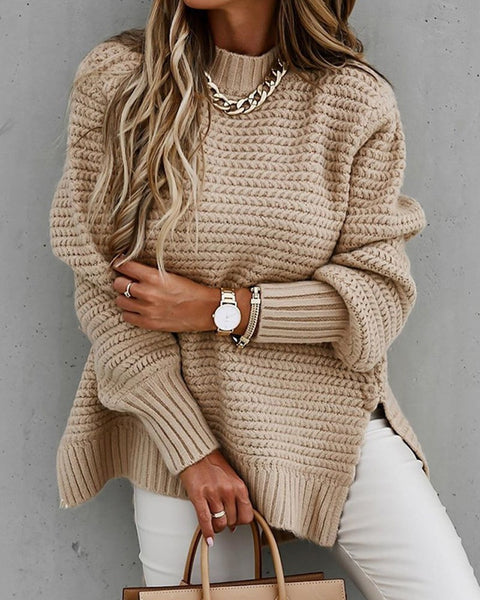 Cream Long Sleeve Neck Split Hem Sweater